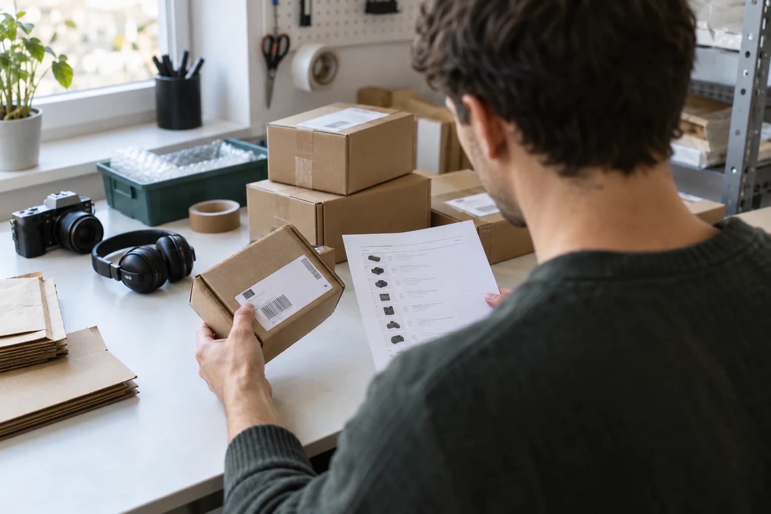 Sprzedawca odnowionej elektroniki porównuje oznaczenie paczki z listą zamówień