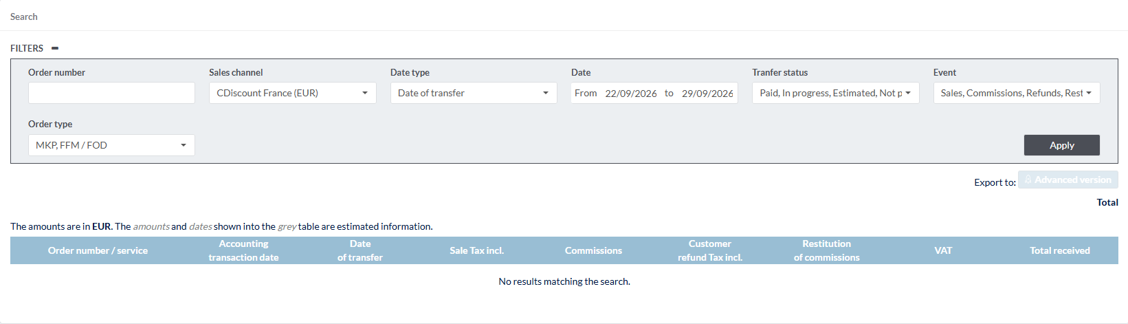 Filtry Finance Search oraz nieaktywny przycisk Advanced version.