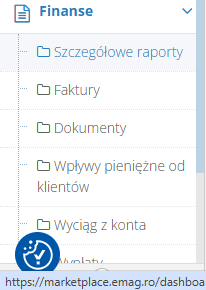 Menu Finanse eMAG z pozycjami Szczegółowe raporty oraz Wyciąg z konta.