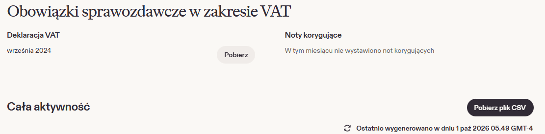 Osobne przyciski Pobierz w części VAT oraz Pobierz plik CSV przy Całej aktywności.