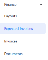 Menu Finance z Payouts, Expected Invoices i Invoices.